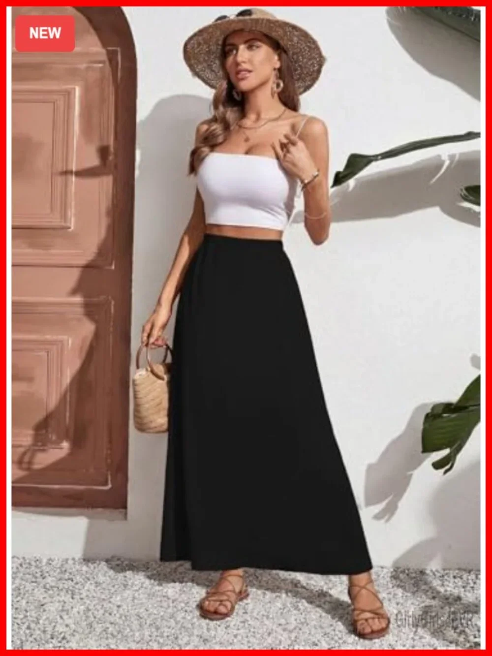 Maxi Skirt Elastic Waist Pockets Polyester Spandex A-Line Beach Vacation